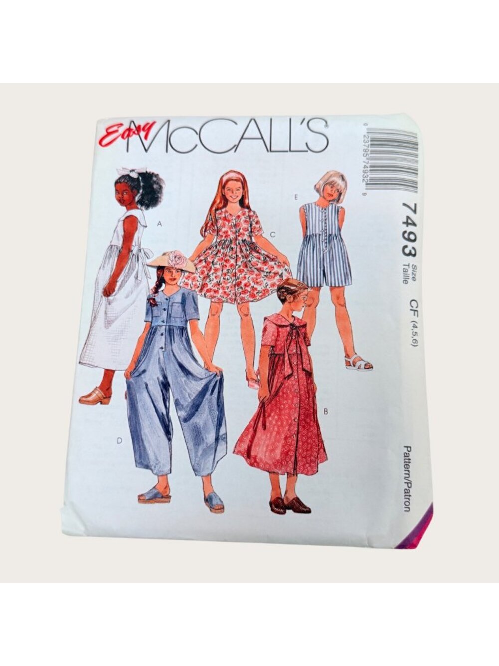 Vintage 1990s McCalls Sewing Pattern 7493 Girls Dress and Jumpsuit Size 4-6